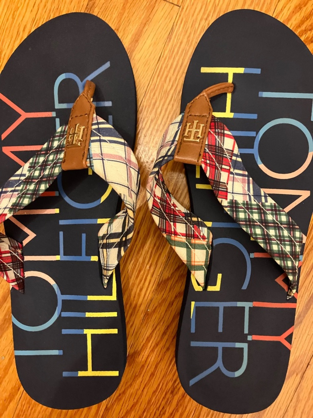 Tommy Hilfiger Navy Flip Flops with Multicolor Plaid Straps